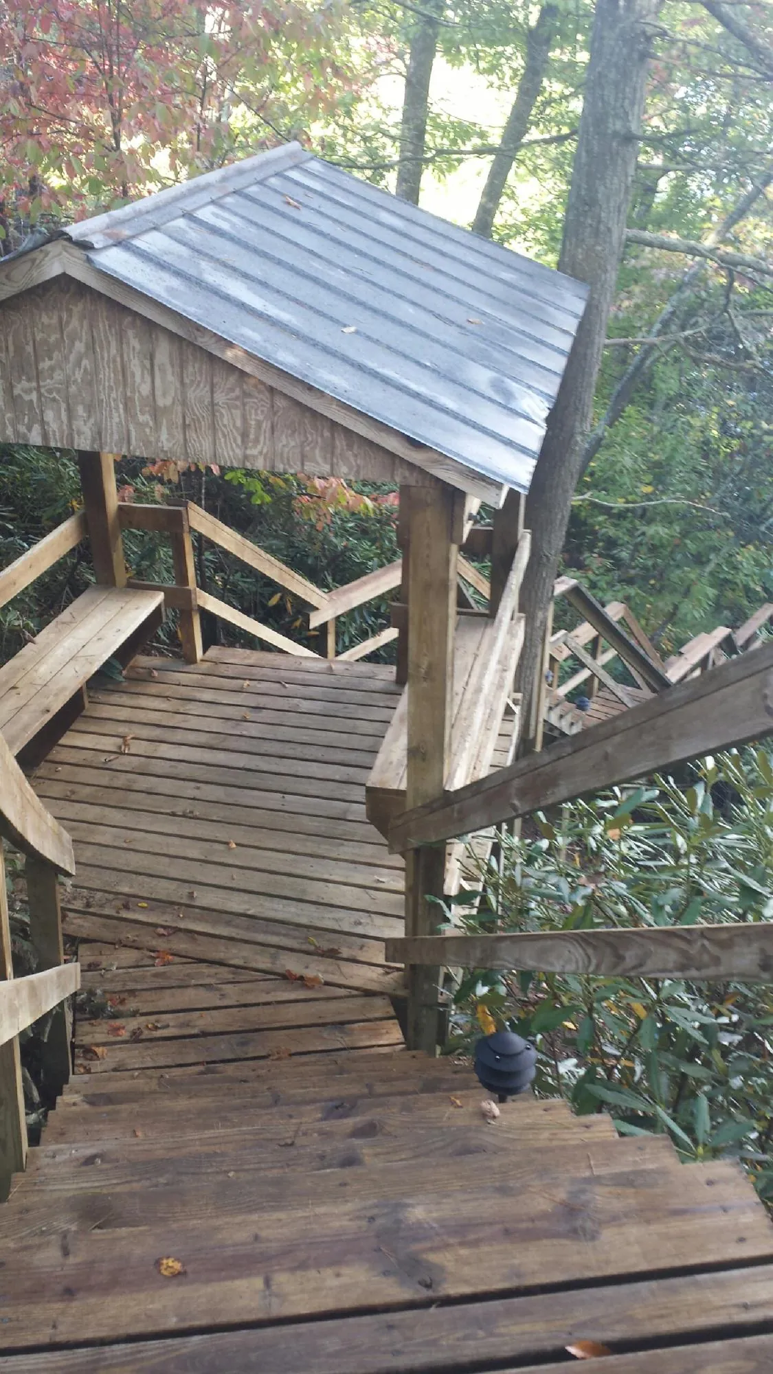 Metal roofed shelter over wooden steps on a wooded walkway — Skylight Repair & Installation work by our crew in Saltese